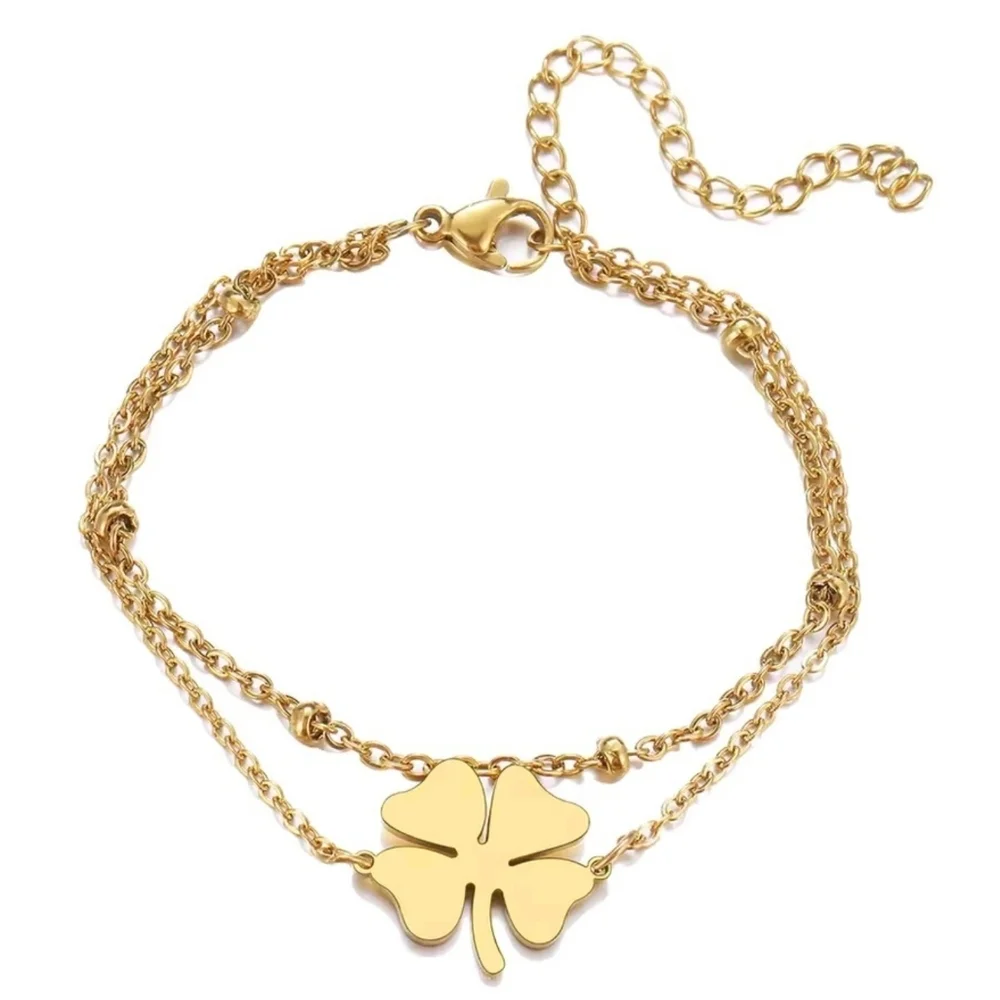 Gold Four Leaf Clover Double Layer Bracelet Dainty Lucky Charm Jewelry